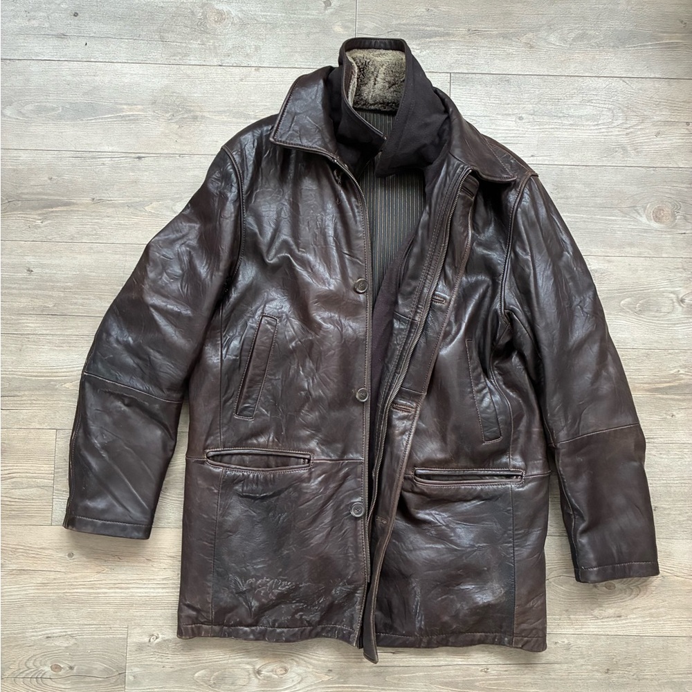 Danier Men Brown Leather Winter Coat Jacket Size Large Insulated Faux Fur Collar